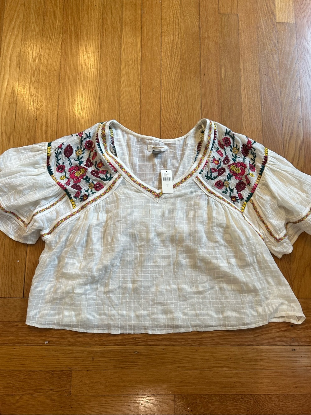 Anthropologie White Embroidered V-Neck Peasant Blouse Boho Festival